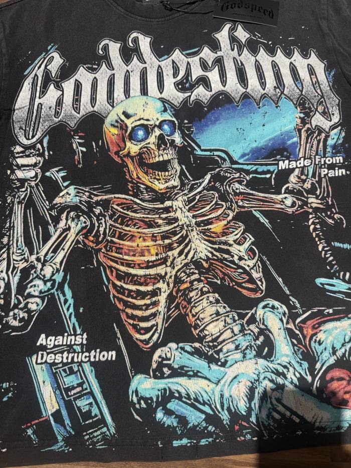 Racing car skeleton double-sided printed vintage washed T-shirt 29038204