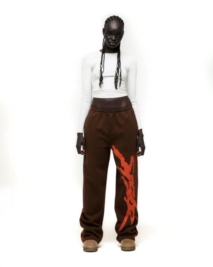 [Big & Tall for weights up to 220 lbs]1:1 quality version Orange Brush Rhinestone Brown Hoodie & Pants Set 28893164