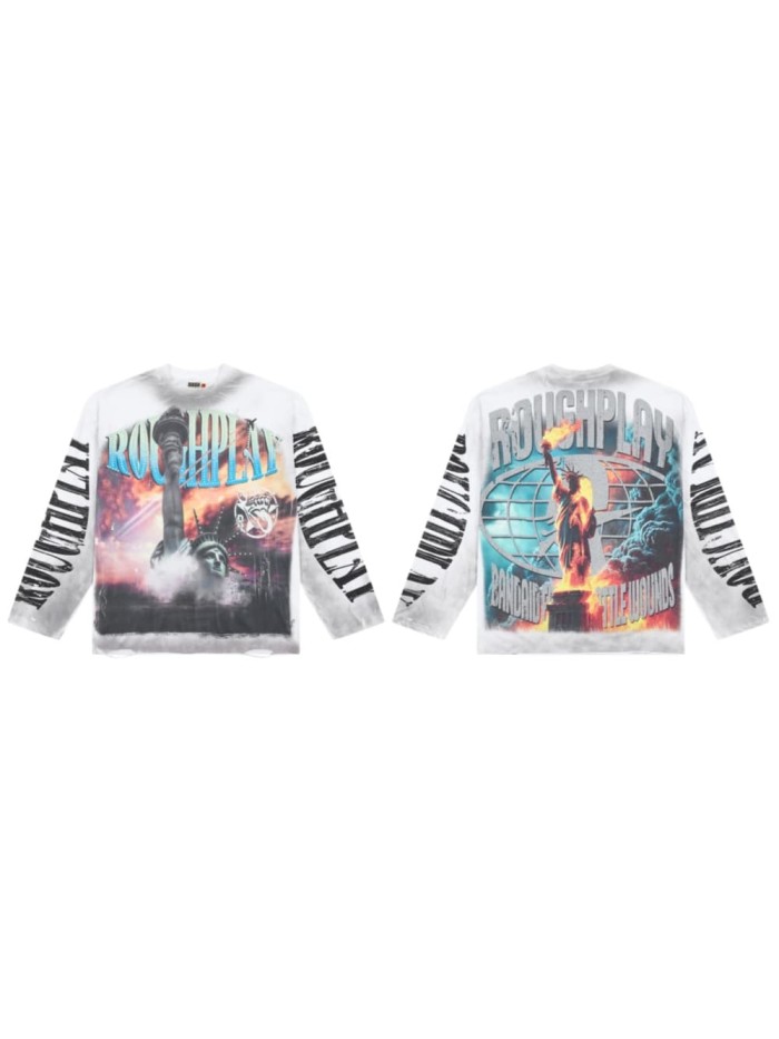 Oversized Washed White Streetwear with Liberty Fire & Roughplay Print Long Sleeve T-Shirt 29069053