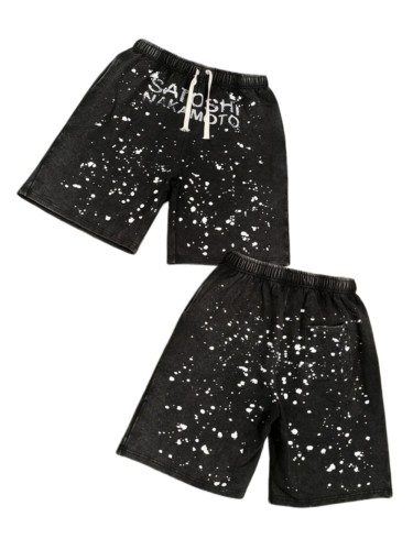 Ink Splash Classic Letter Print Washed Shorts 29082411