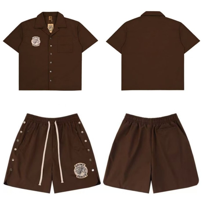 Badge Embroidery Buttoned Woven Workwear Shirt & Shorts Set 6 colors 29077774