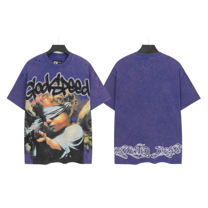 Masked Angel Shot-Effect Rhinestone-Embellished Distressed Print Washed Version Tee 2 colors 28759330