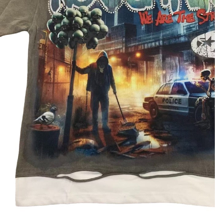 Skeleton Street Lamp Hotfix Rhinestone Print Washed Version Tee 28572223