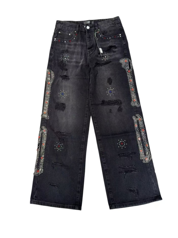 1:1 quality version Side Leather Bone Rivet Color Diamond Wide Leg Jeans 3 colors 29080658
