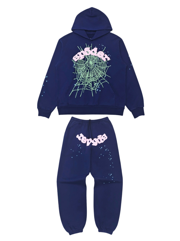 1:1 quality version Green Spiderweb Pink Foam Letter Print Hoodie & Pants Set