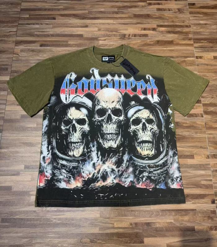 World Tour Three Skulls Black and Army Green Dual-Color Distressed T-Shirt 2 colors 29053372