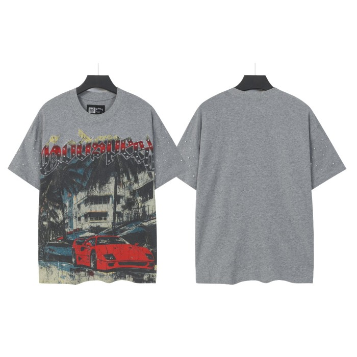 Miami sports car hot-fix rhinestone vintage washed short-sleeved T-shirt 29035040