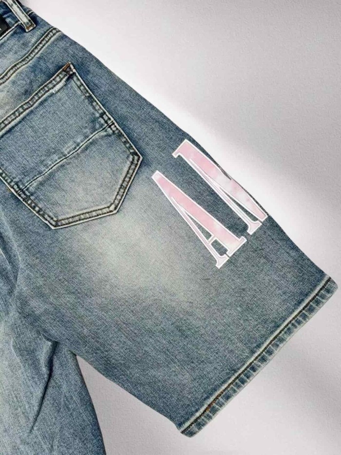 1:1 quality version Pink White Gradient Letter Patch Distressed Denim Shorts 29045797