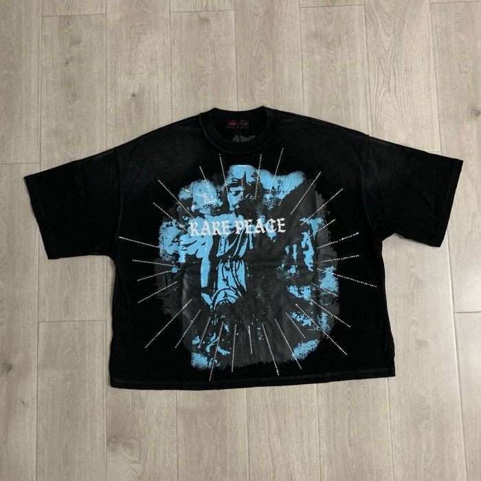 Figure Blood Drop Font Rhinestone Print Washed Tee 29069403