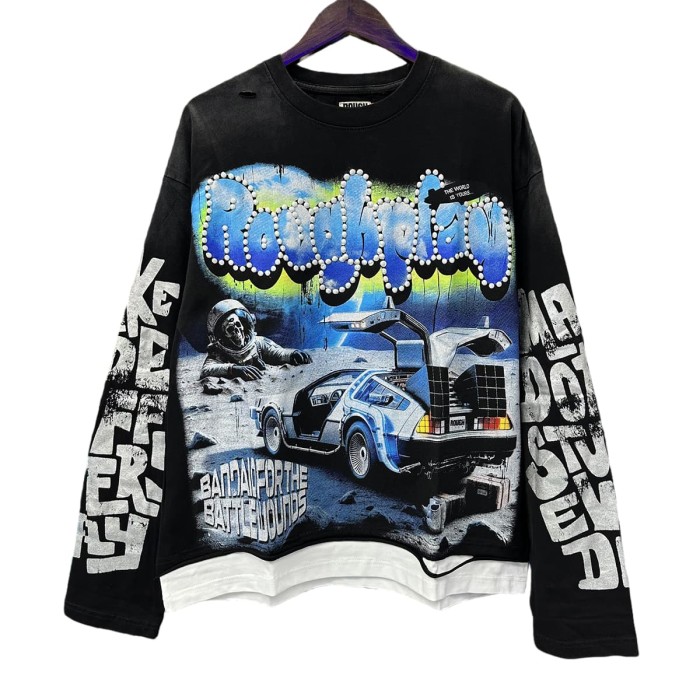 Space Skull Silver Hot Stamping Print Washed Version Long Sleeve T-Shirt 28758381