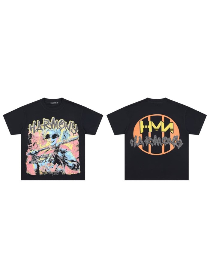 Pink And Yellow Contrast Color Harley Quinn Rhinestone Print Tee 29077649