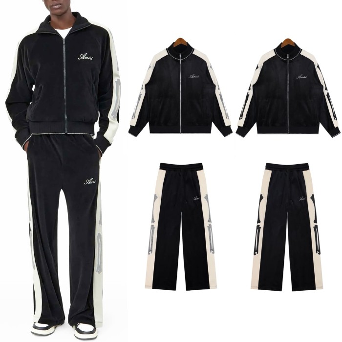 Skeleton Print Color Block Velvet Jacket & Pants Set 2 colors 28997734