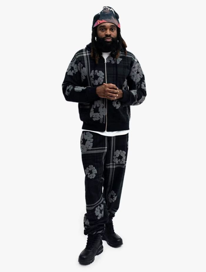 1:1 quality version Houndstooth Cotton Fleece Zipper Hoodie & Pants Set 3 colors 28566172