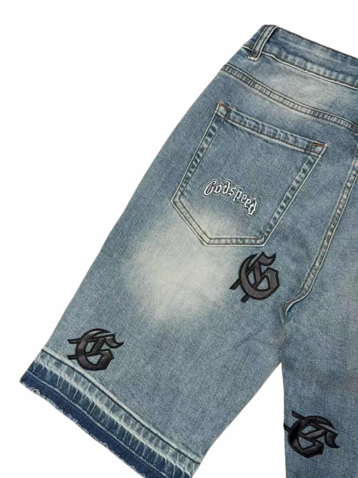 1:1 quality version Leather G Logo Embroidered Frayed Edge Washed Denim Shorts 3 colors 28972576