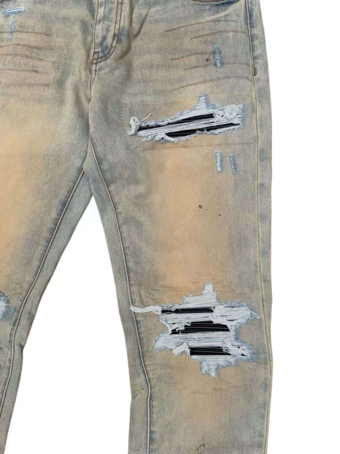 1:1 quality version Yellow Mud Dyed Vintage Black Strip Patch Jeans 29080653