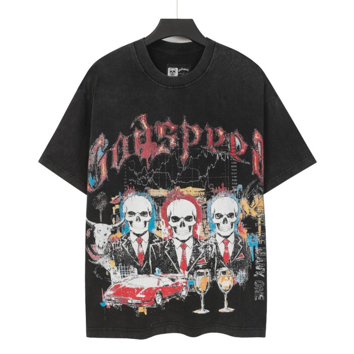 Skeleton suit sports car vintage washed double-sided printed short-sleeved T-shirt 29035119
