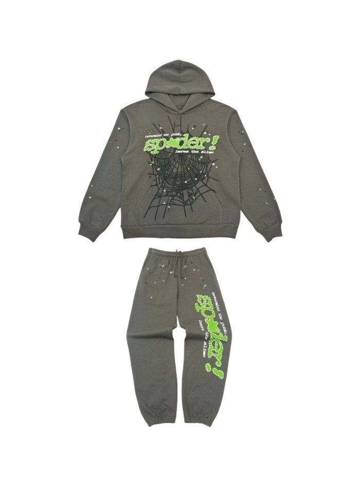1:1 quality version White Dot Green Alphabet Spiderweb V2 Hoodie & Pants Set