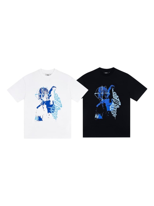 Blue Target Figure & Gothic Text Print T-Shirt 2 colors 29077285