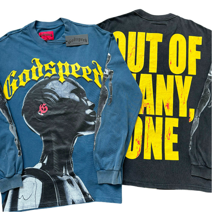 27971281 Robot With Headphones Printed Washed Long Sleeve T-Shirt 4 colors