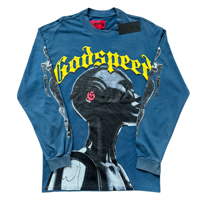 27971281 Robot With Headphones Printed Washed Long Sleeve T-Shirt 4 colors