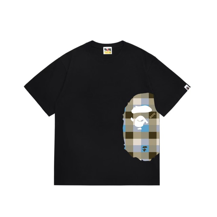 Side minimalist plaid monkey head short sleeved  print T-shirt 2 colors 29053569