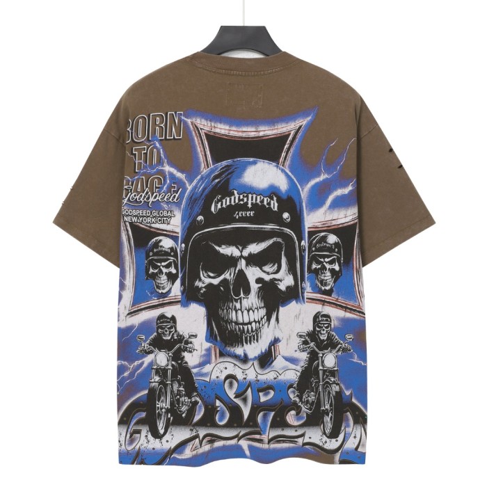 Helmet skull motorcycle cross black and brown dual-color vintage T-shirt 2 colors 29051376
