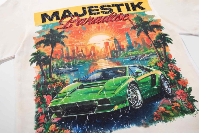 Miami Sunset Sports Car Rhinestone Print Washed Tee 29060732