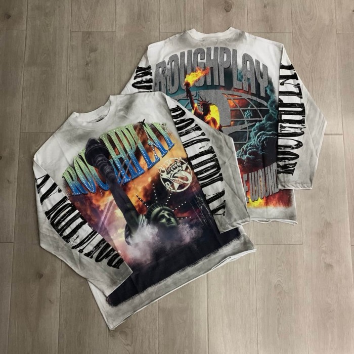Oversized Washed White Streetwear with Liberty Fire & Roughplay Print Long Sleeve T-Shirt 29069053