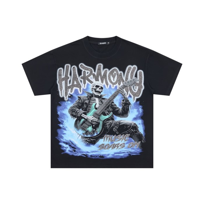 Blue Flame Skull Electric Guitar Rhinestone Print Tee 29077651