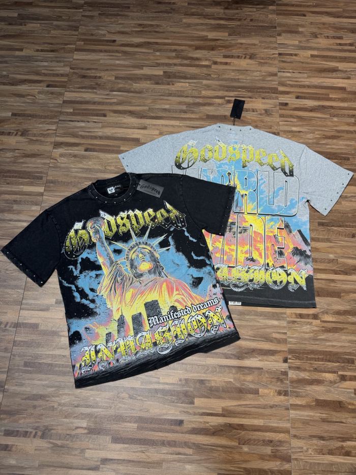 Statue of Liberty hot-fix rhinestone rivet black and gray dual-color vintage T-shirt 2 colors 29053374