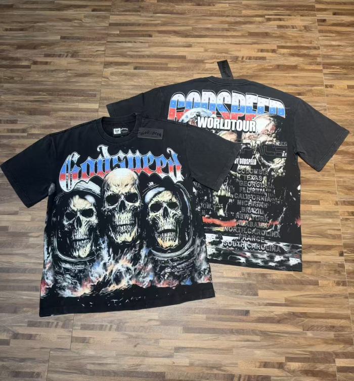 World Tour Three Skulls Black and Army Green Dual-Color Distressed T-Shirt 2 colors 29053372