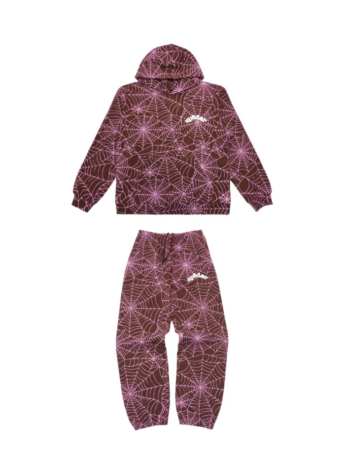 1:1 quality version All over print pink spiderweb print Hoodie & Pants Set
