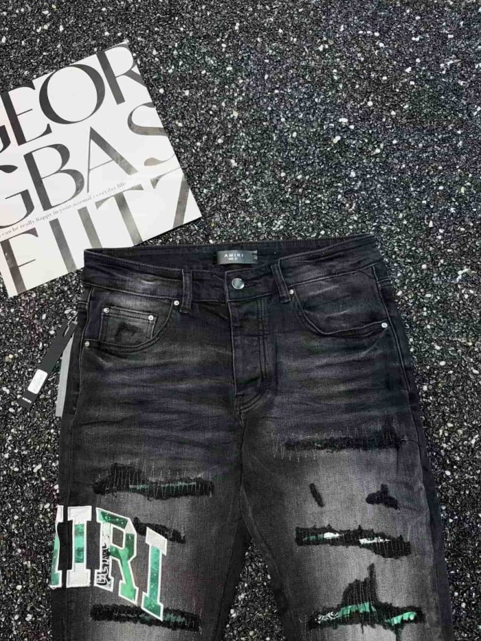 1:1 quality version Gradient Green Logo Embroidery Ripped Jeans 29080645