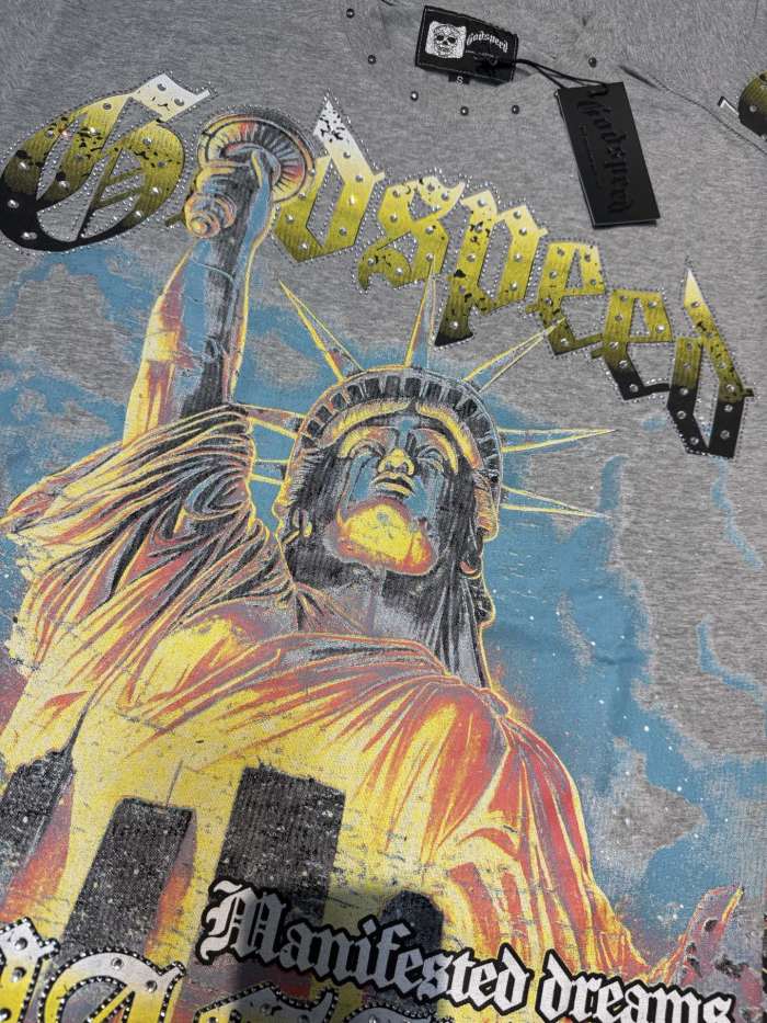 Statue of Liberty hot-fix rhinestone rivet black and gray dual-color vintage T-shirt 2 colors 29053374