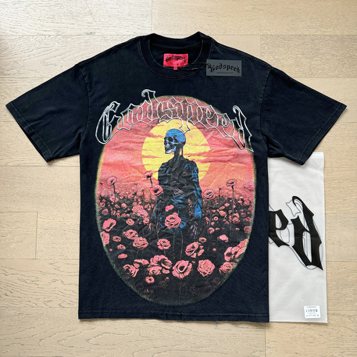Vintage sunset rose skeleton G-shaped logo printed T-shirt 29043106