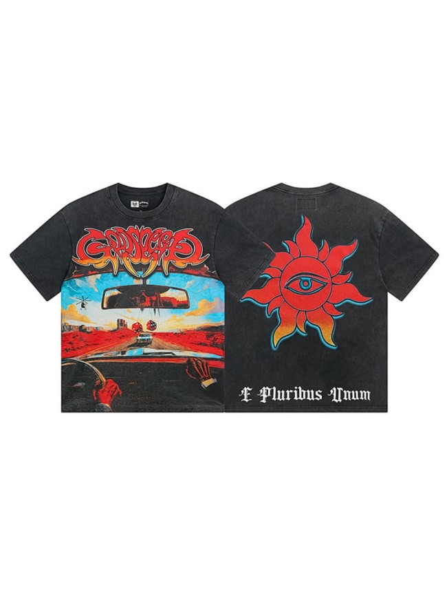 Desert Highway Skeleton Sun Eyes Black Distressed Short-sleeved T-shirt 29046915