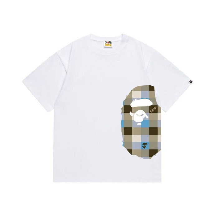 Side minimalist plaid monkey head short sleeved  print T-shirt 2 colors 29053569