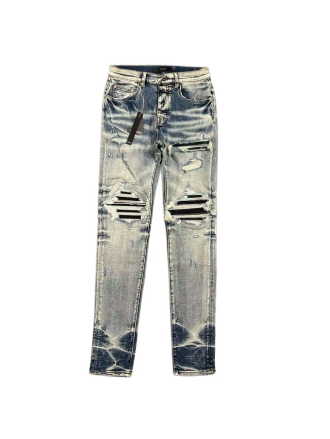 1:1 quality version Light Blue Washed Black Striped Ripped Jeans 29091968