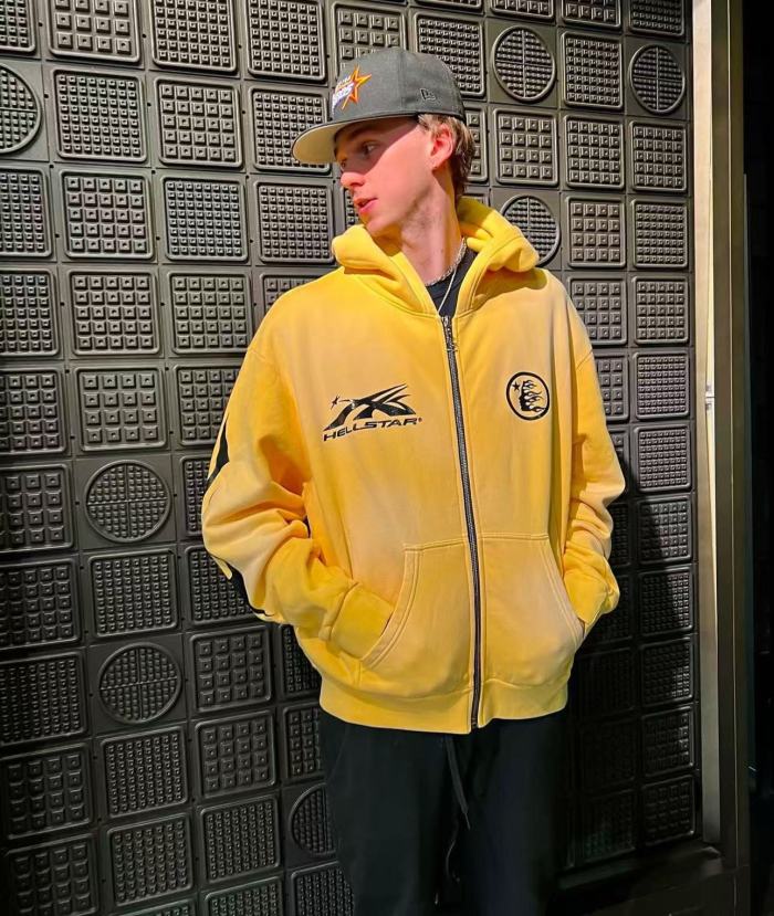 [Big & Tall for weights up to 260 lbs]1:1 quality version Washed Yellow Chest Double Logo Print Zipper  Hoodie with NFC tag