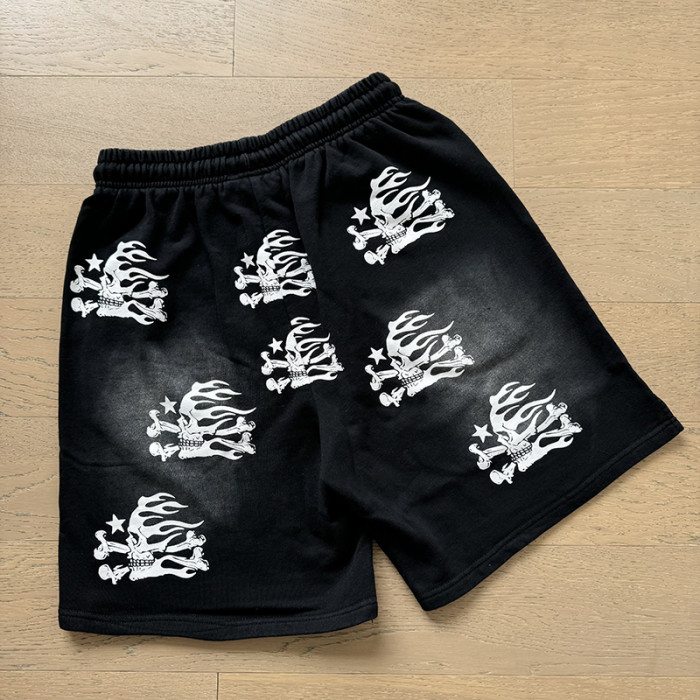 Skull Flame Print Washed Shorts 29043461
