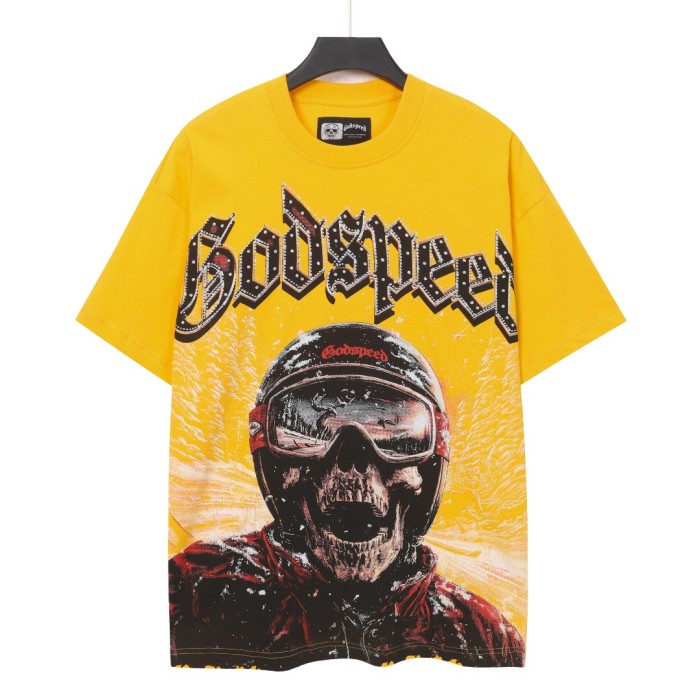 Skiing skull hot-fix rhinestone letters yellow double-sided printed short-sleeved T-shirt 29051353