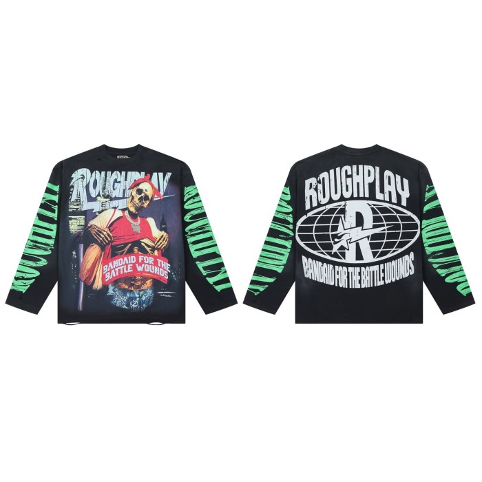 Washed Black Streetwear with Skeleton Gangster & Green Sleeve Print Long Sleeve T-Shirt 29069101