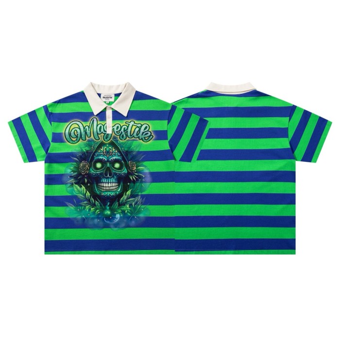 Neon Sugar Skull Striped Rhinestone Print Washed Polo Tee 29065107