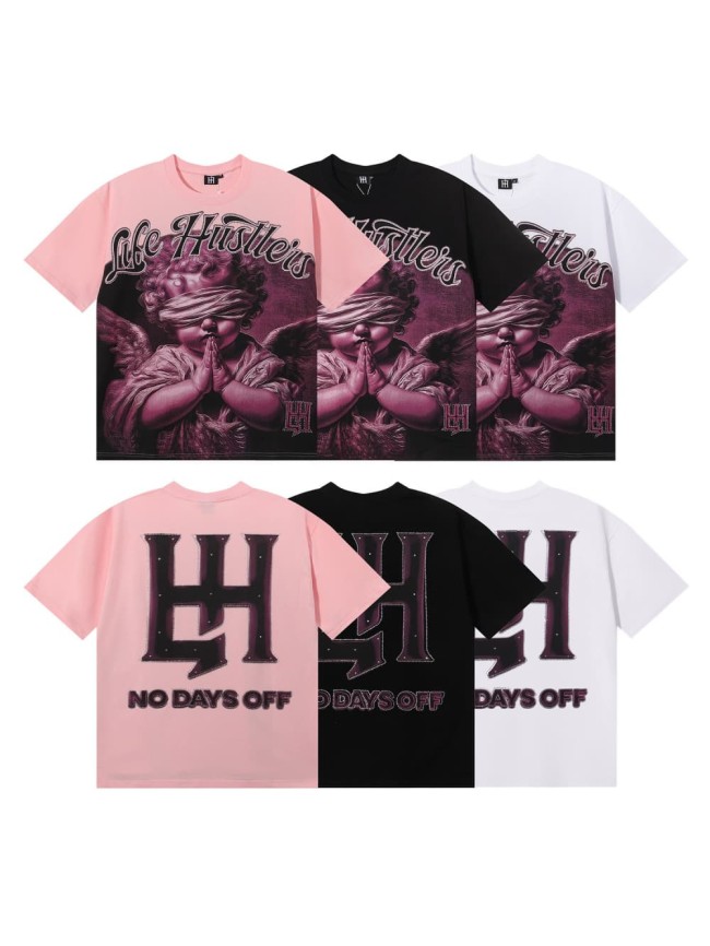 Pink Blindfolded Praying Angel Rhinestone Print Tee 3 colors 29082342