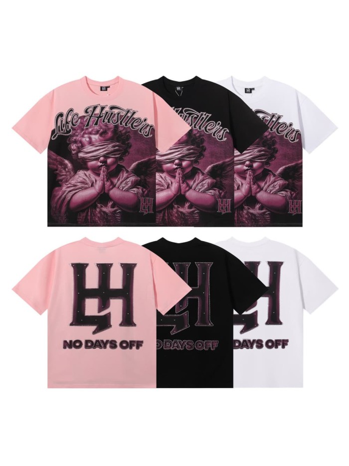 Pink Blindfolded Praying Angel Rhinestone Print Tee 3 colors 29082342