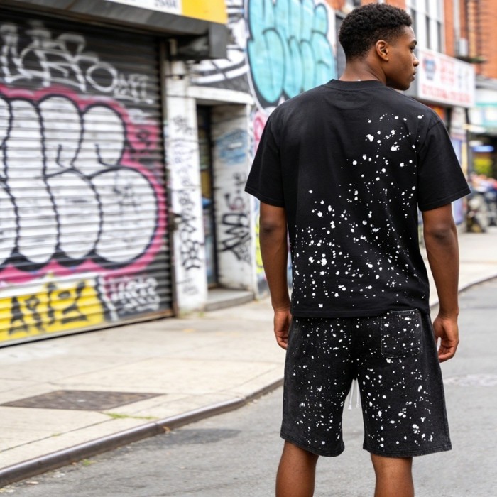 Ink Splash Classic Letter Print Washed Shorts 29082411