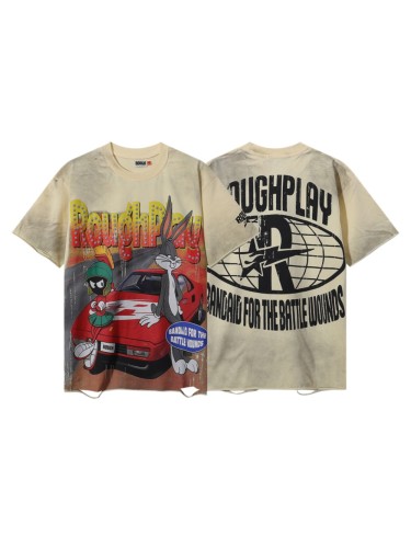 Rabbit & Car Print Ripped Mud-stained Washed Vintage T-shirt 29068971