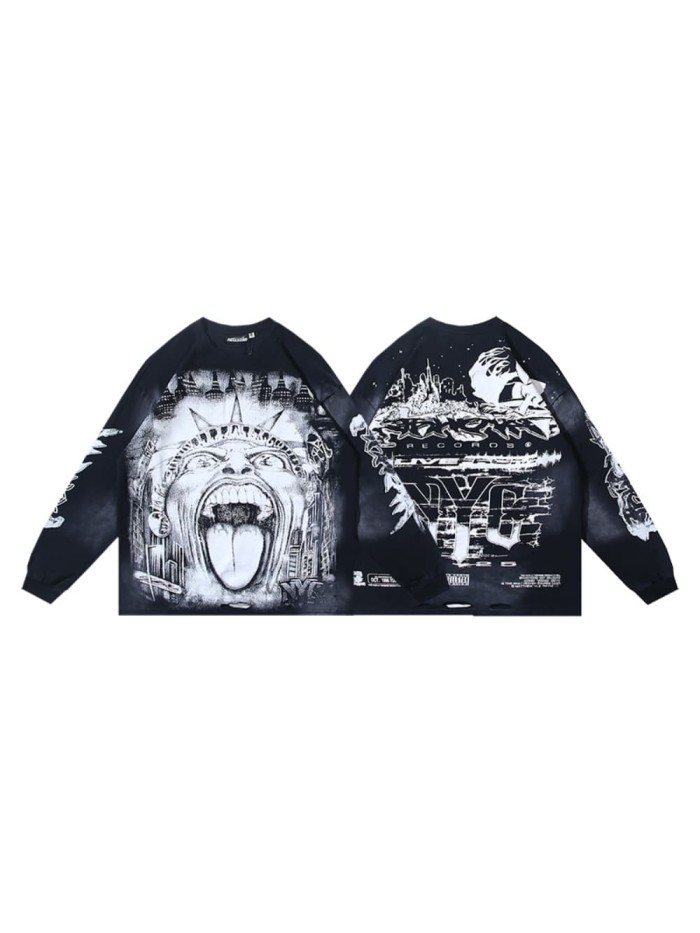Speed Statue Of Liberty Print Washed Version Long Sleeve T-Shirt 29064429