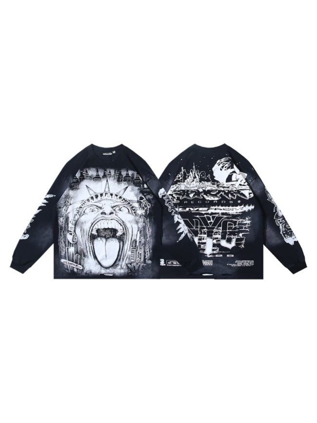 Speed Statue Of Liberty Print Washed Version Long Sleeve T-Shirt 29064429