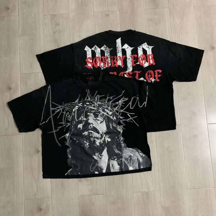 Ink Wash Thorn Jesus Rhinestone Print Washed Tee 2 colors 29069151
